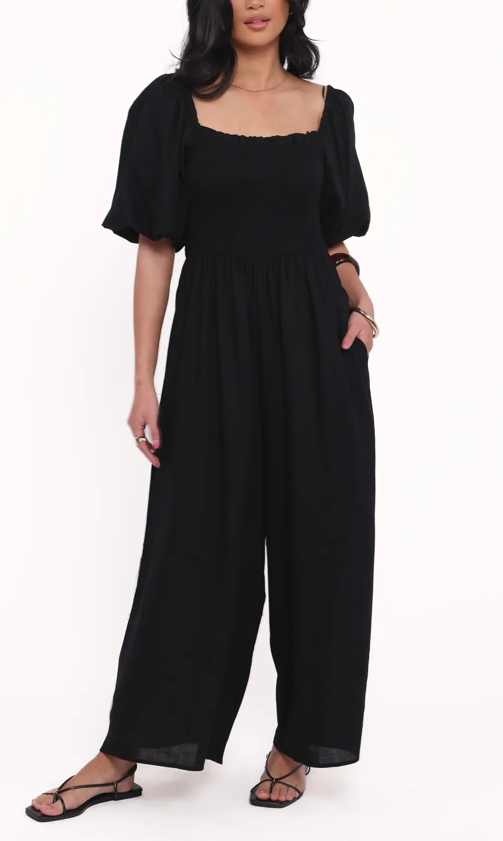 Wide-Leg Pocket Short-Sleeve Linen Jumpsuit