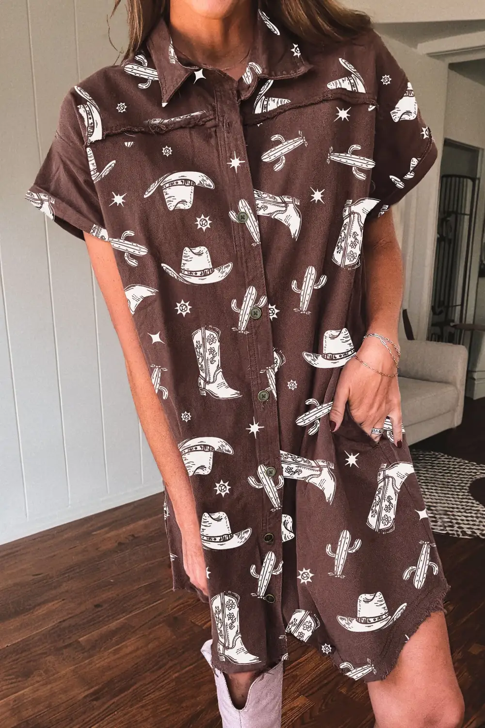 Printed Denim Button Front Dress Casual