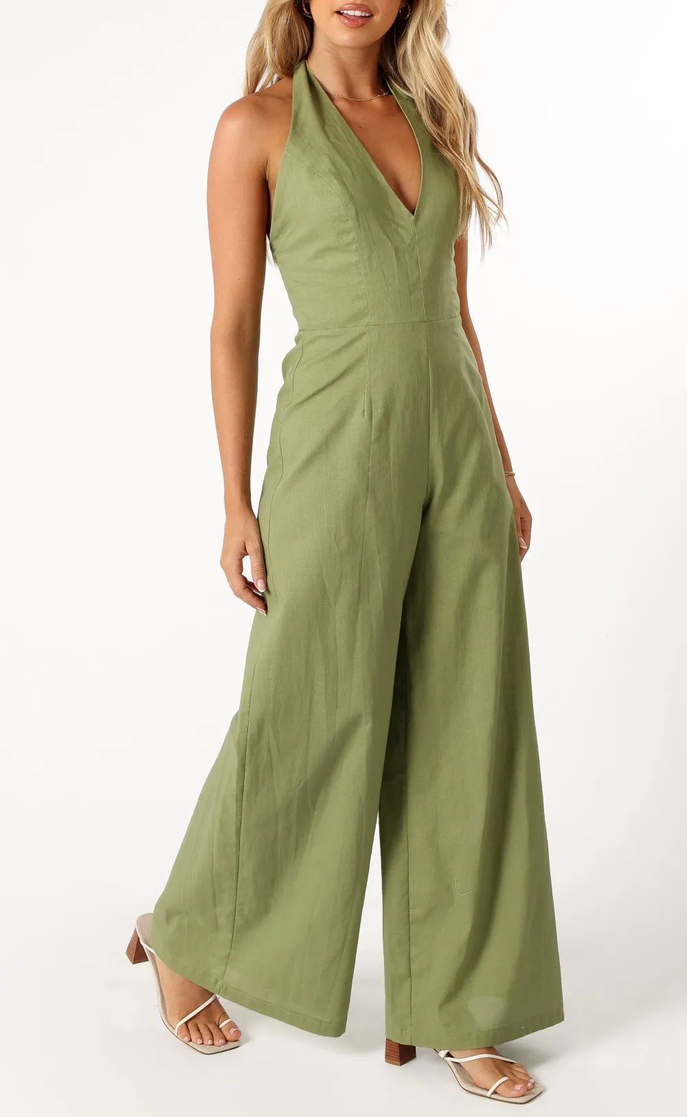 Halter V-Neck Open-Back Wide-Leg Sleeveless Jumpsuit