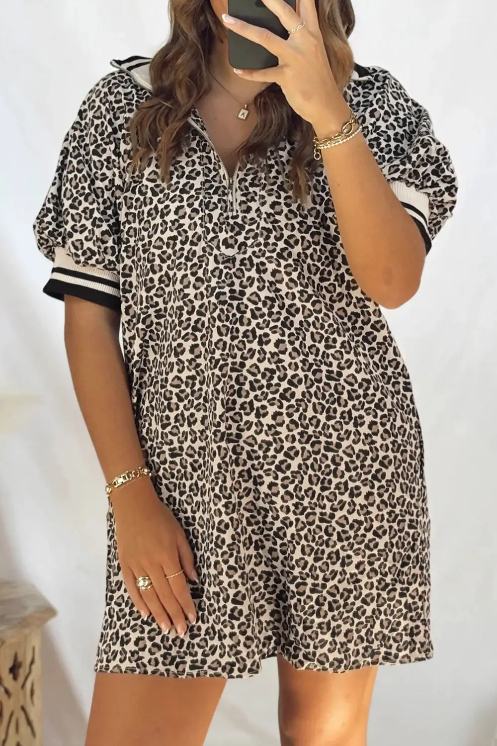 Striped Animal Print Zip Front Mini Dress