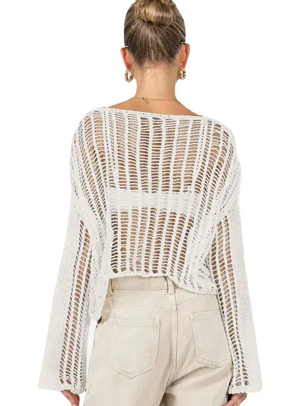 Openwork Sheer Detail Cover Up Round Neck Long Sleeve Pullover Sweater