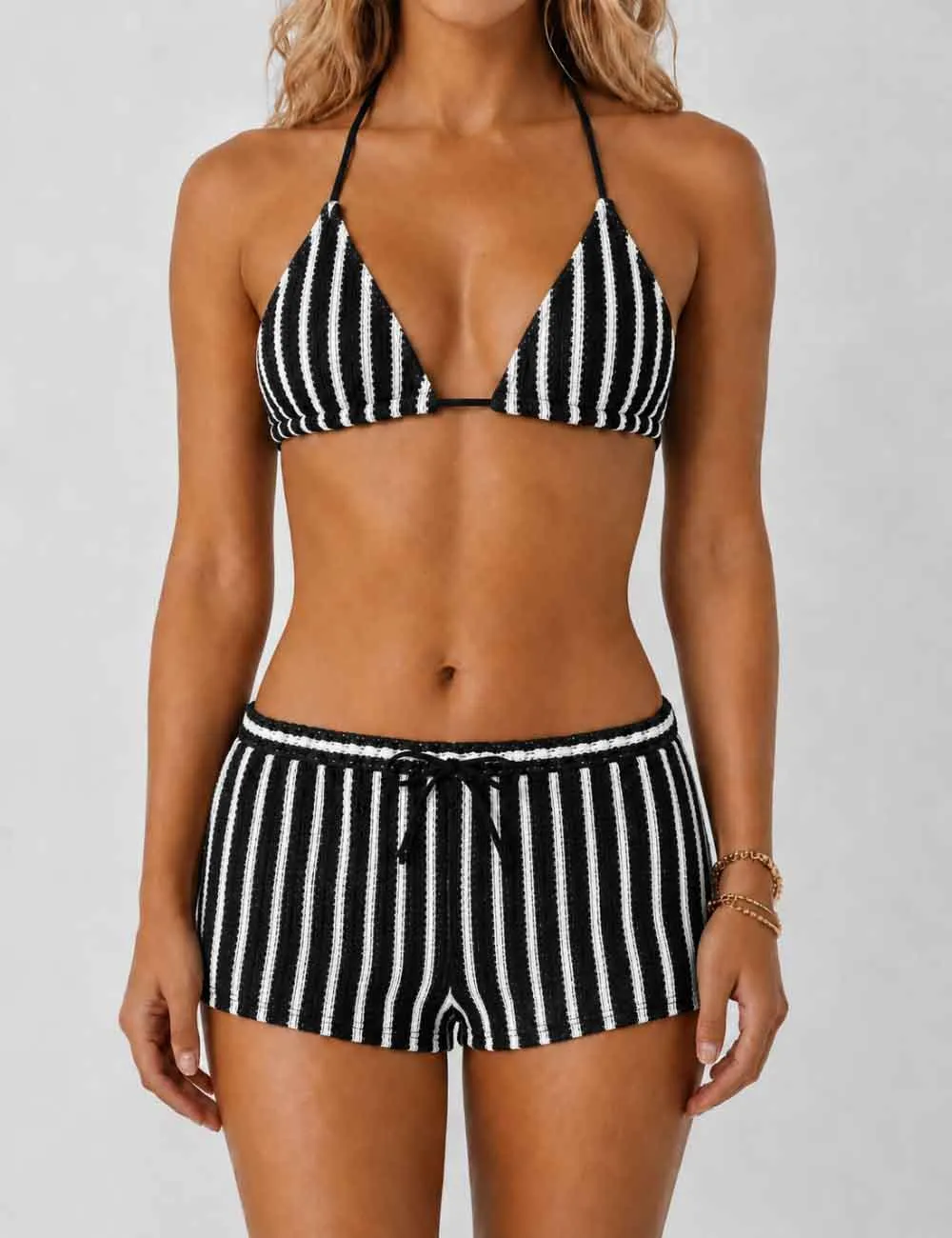 Crochet Triangle Three Piece Bikini Set with Cover Up Shorts
