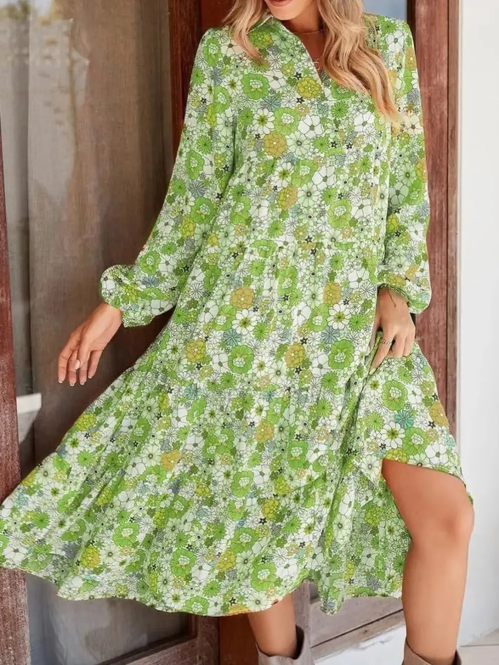 Textured Detail Floral Printed Midi Dress