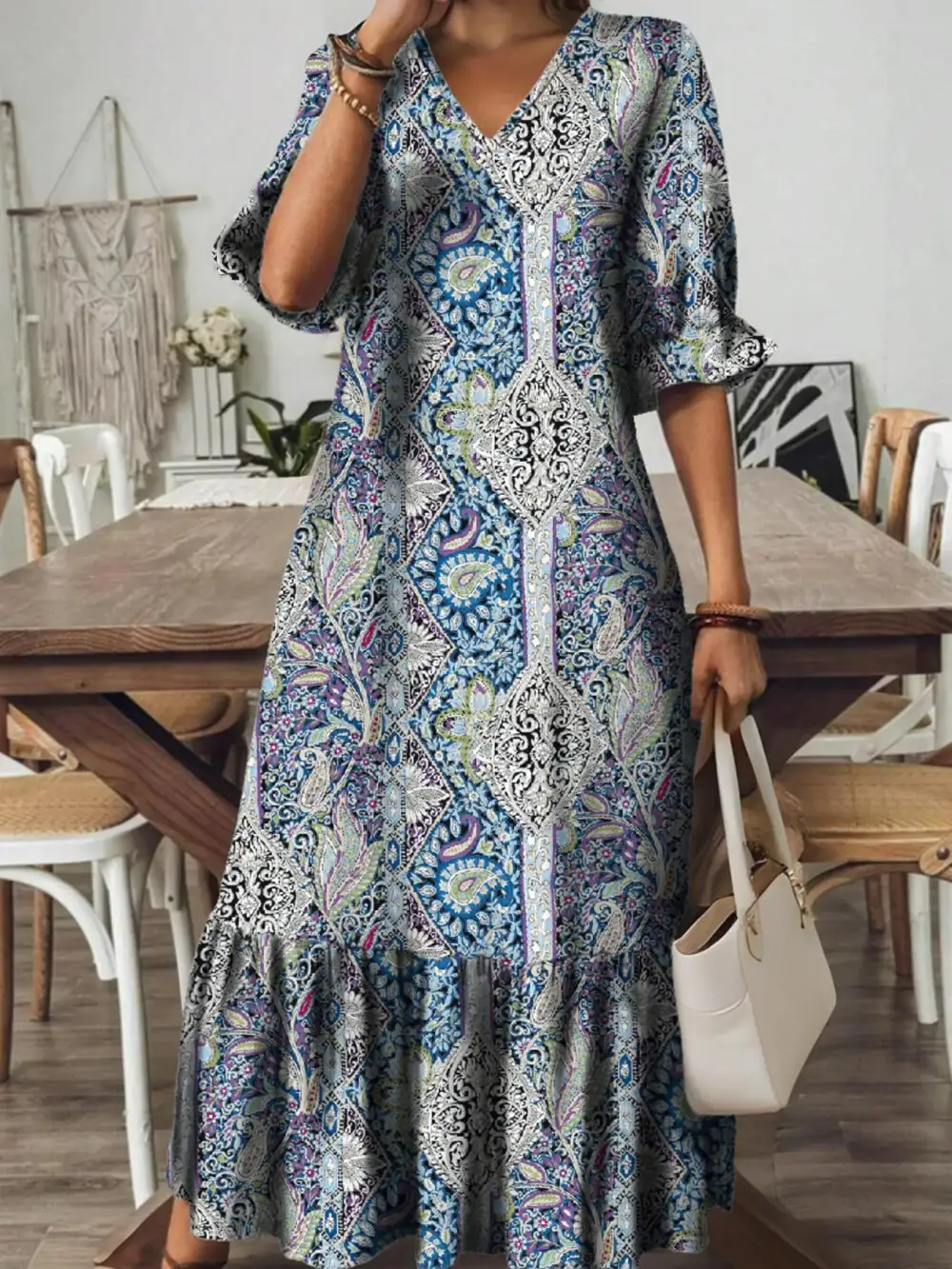 Paisley Print V Neck Midi Dress