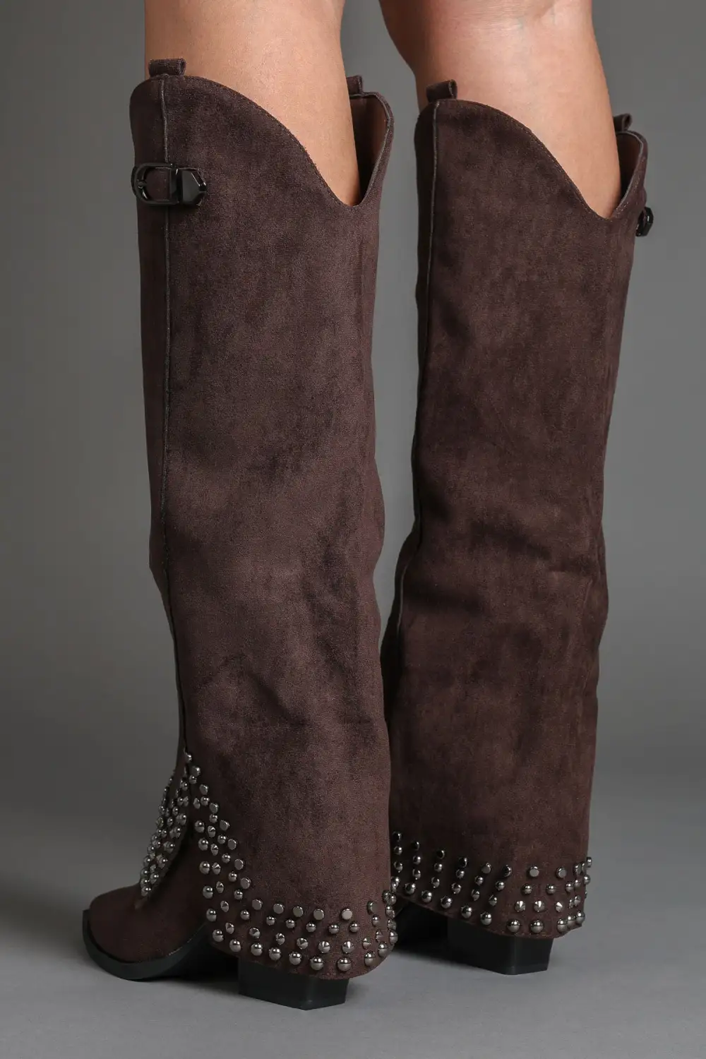 Western Slouch Fold-Over Studded Knee High Boots