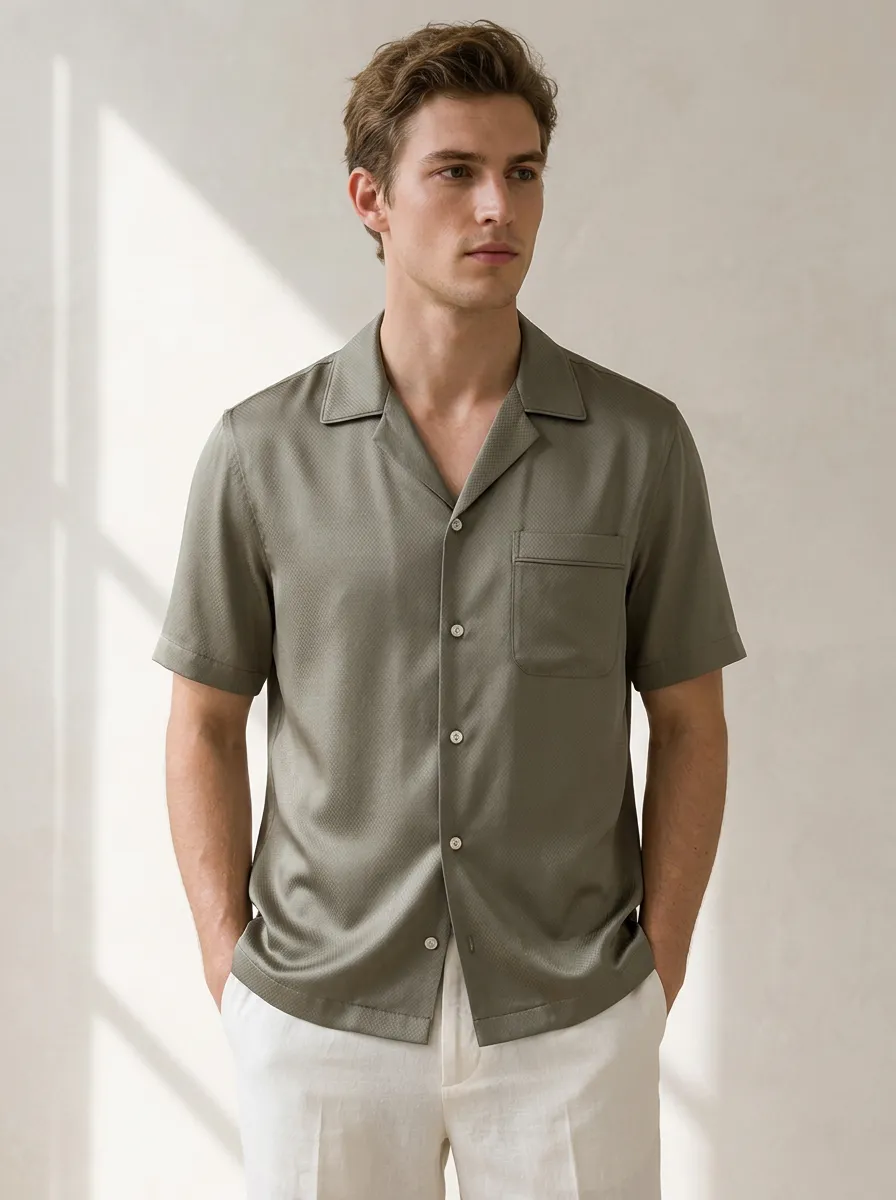 Men's Sage Green Textured Camp Collar Shirt