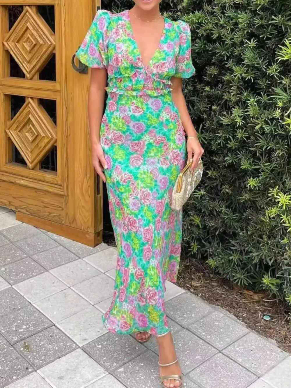 Comfort Fit Floral Printed V Neck Midi Dress
