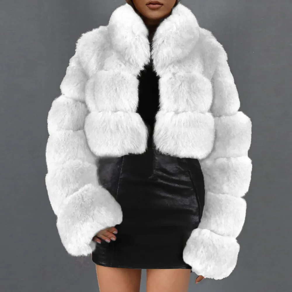 X1-White Faux Fur Coat Women with Hood Cropped Bubble Coats Fleece Short Warm Jackets Plus Size Winter Coats for Women