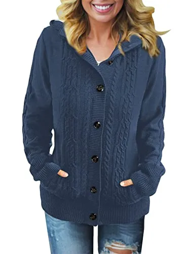 Women Hooded Knit Cardigans Button Cable Sweater Coat
