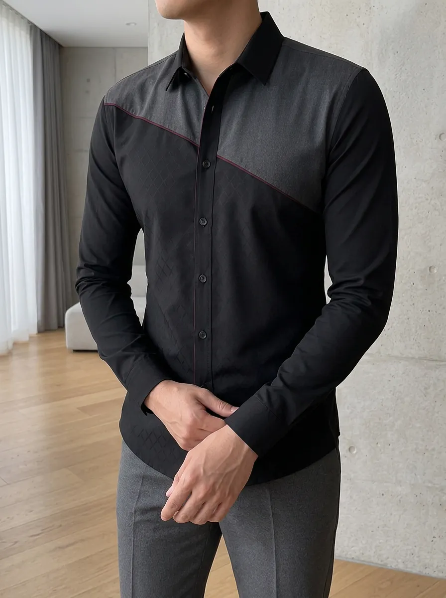 Men's Slim Fit Colorblock Diamond Pattern Printed Shirt