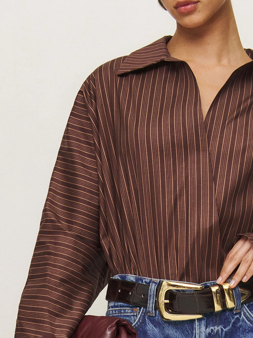 Pinstripe Collared Long Sleeve Blouse