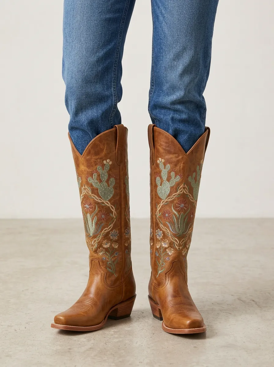 Women's Cactus Floral Embroidered Block-Heel Stacked-Heel Pull-On Western Denim Over-the-Knee Boots