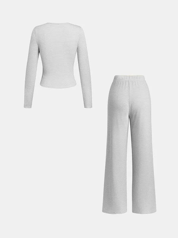 Women's striped printed long-sleeved T-shirt and trousers, casual two-piece set