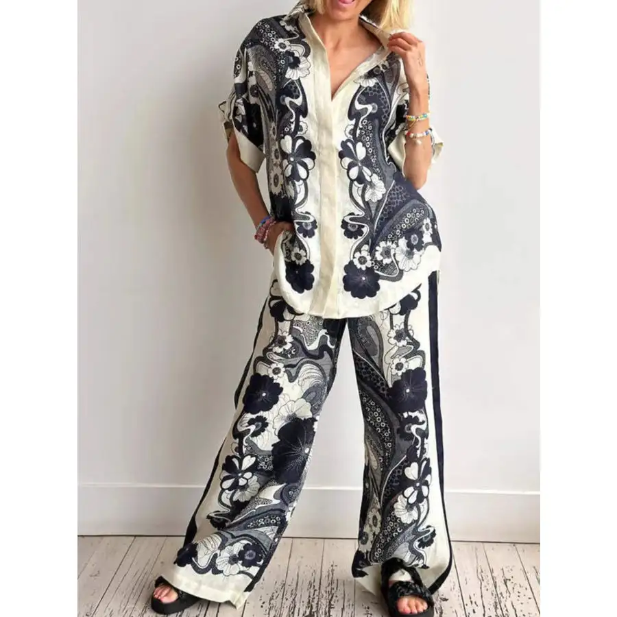 Flowing Printed Button Up Shirt and Pants Set