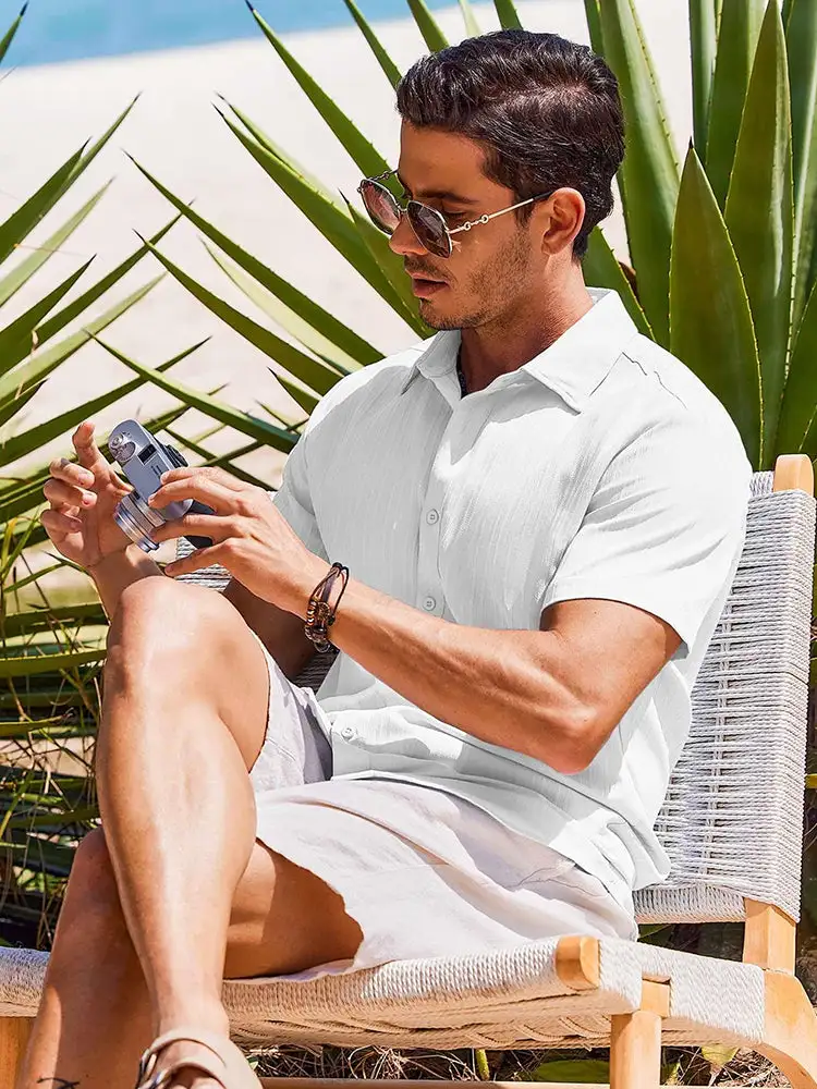 Casual Textured Summer Short Sleeve Beach Shirt