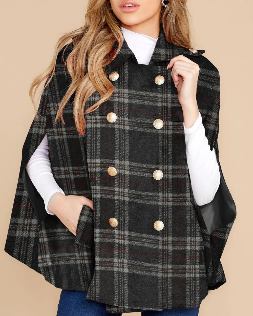 Black Plaid Cloak Coat For Women