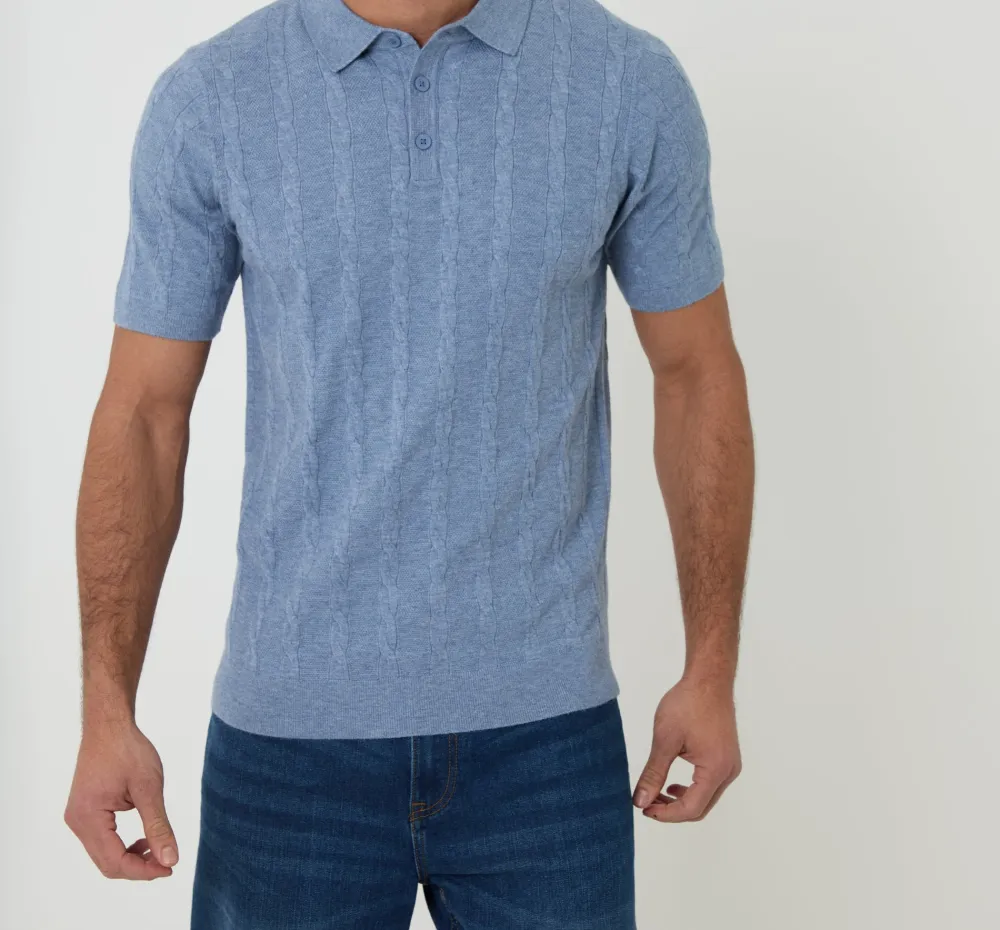Men's Light Blue Cable Stripe Knitted Button Polo