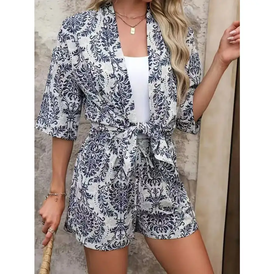 Printed Open Front Cardigan and Shorts Set