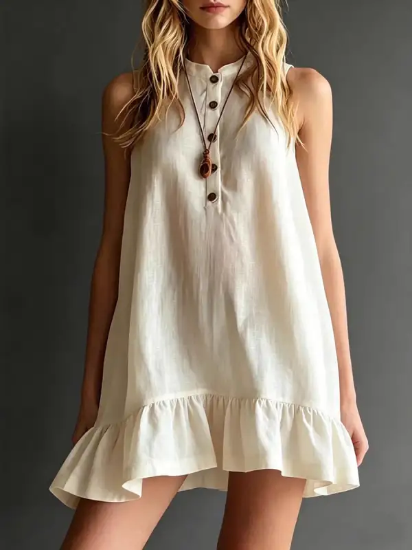 A Line Relaxed Buttoned Pleated Solid Color Round Neck Mini Dress