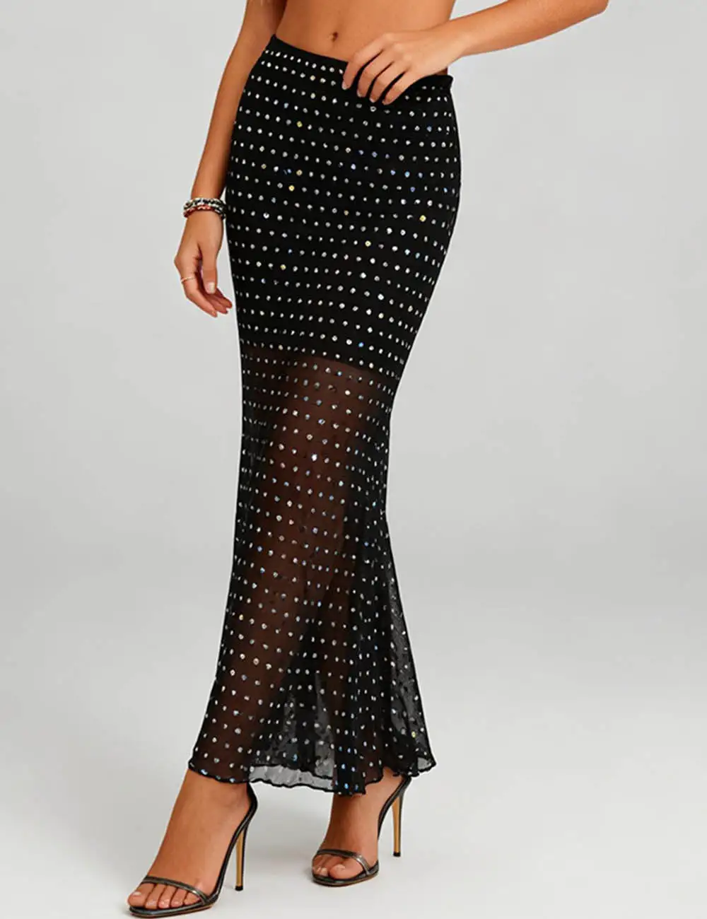 Shiny Sequin Mesh Sheer Elastic Waist Maxi Skirt