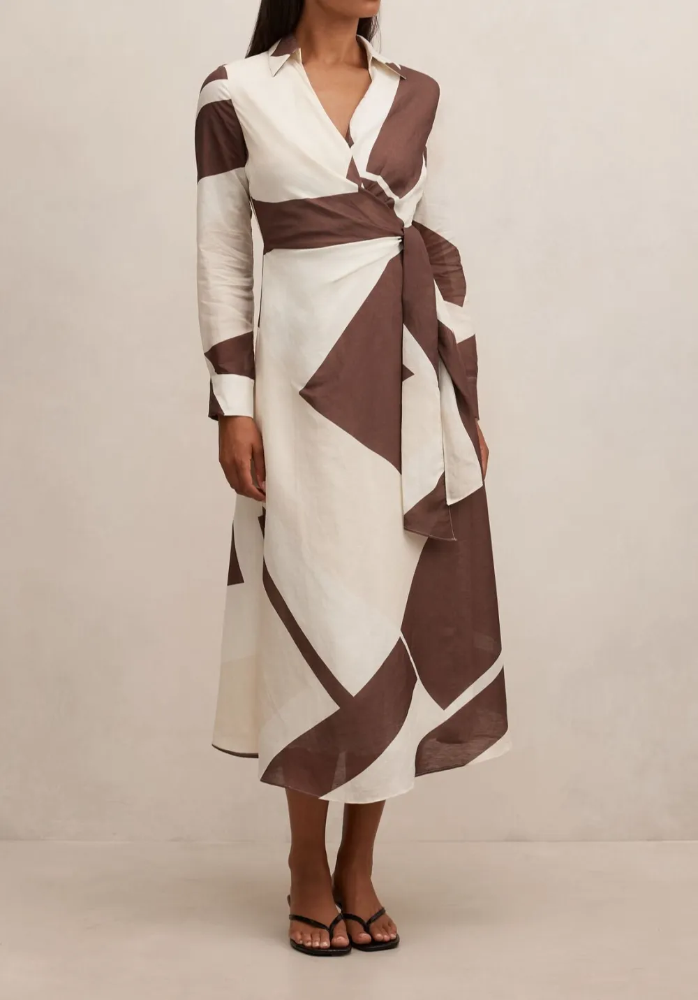 White Brown Abstract Print Long Sleeve Tie Waist Midi Dress