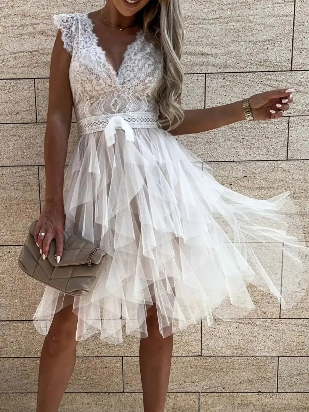 V-Neck Ruffled Lace Trim Midi Dress