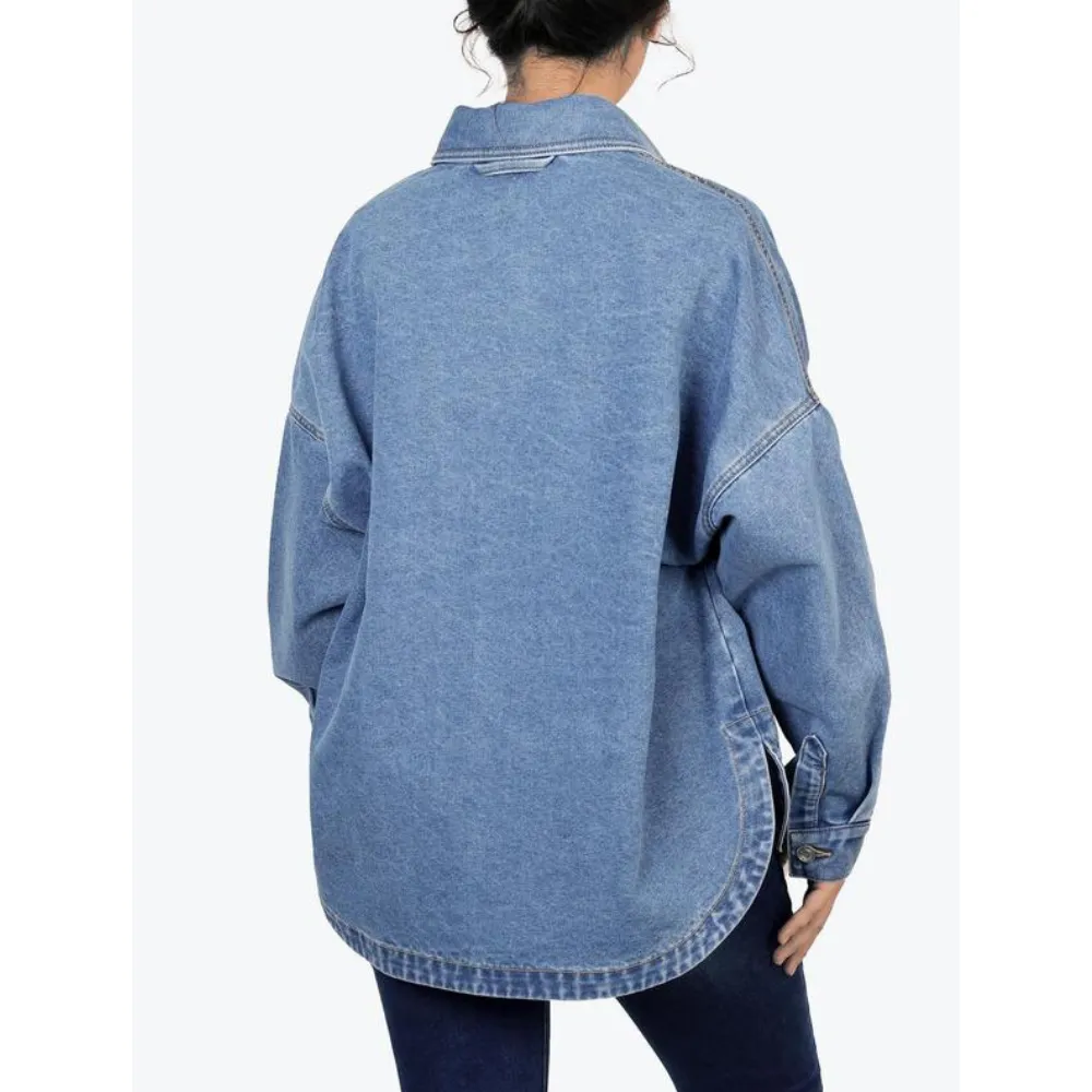 Women's Plain Button Front Drop Shoulder Curved Hem Denim Jacket