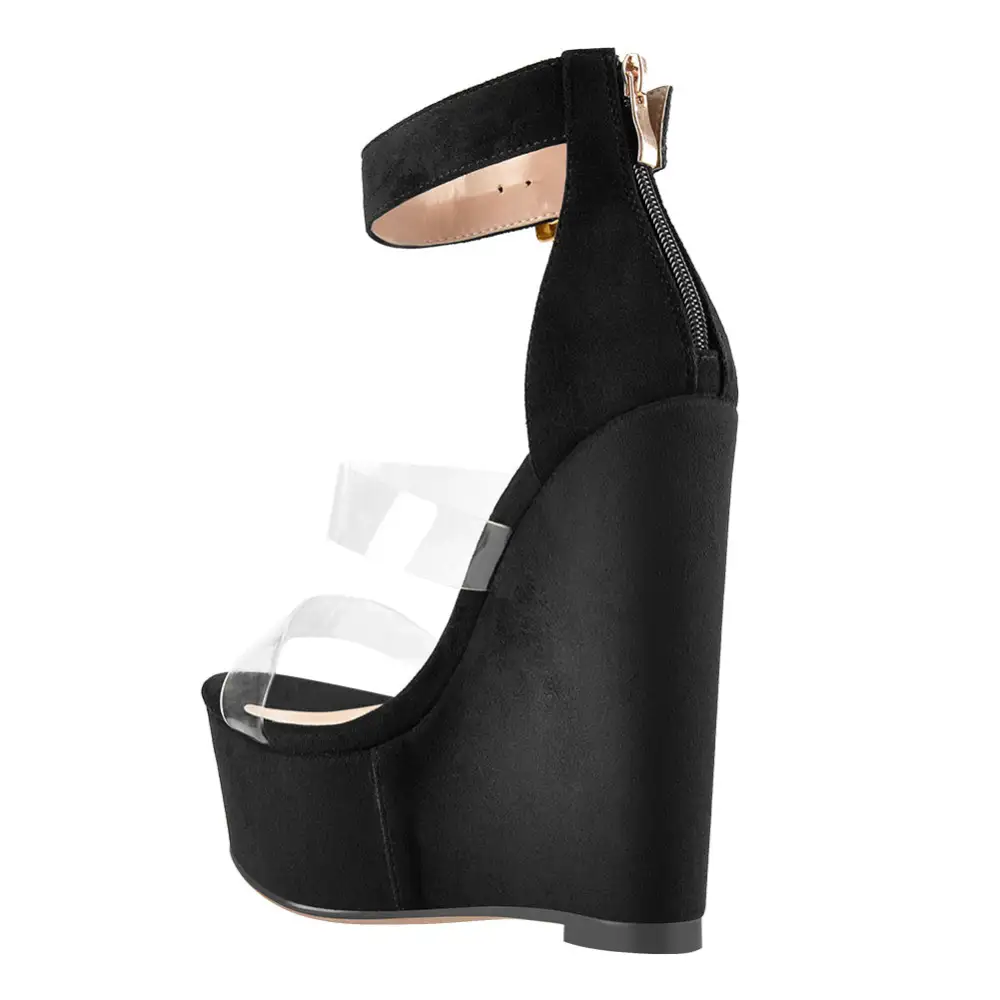 Suede Platform Transparent Strap Wedge Sandals