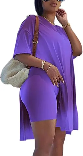Women Plus Size 2 Piece Outfits Short Sleeve Tunic Tops And Skinny Biker Shorts Sets Tracksuits Womenswear Bodycon Split Hem Lounge