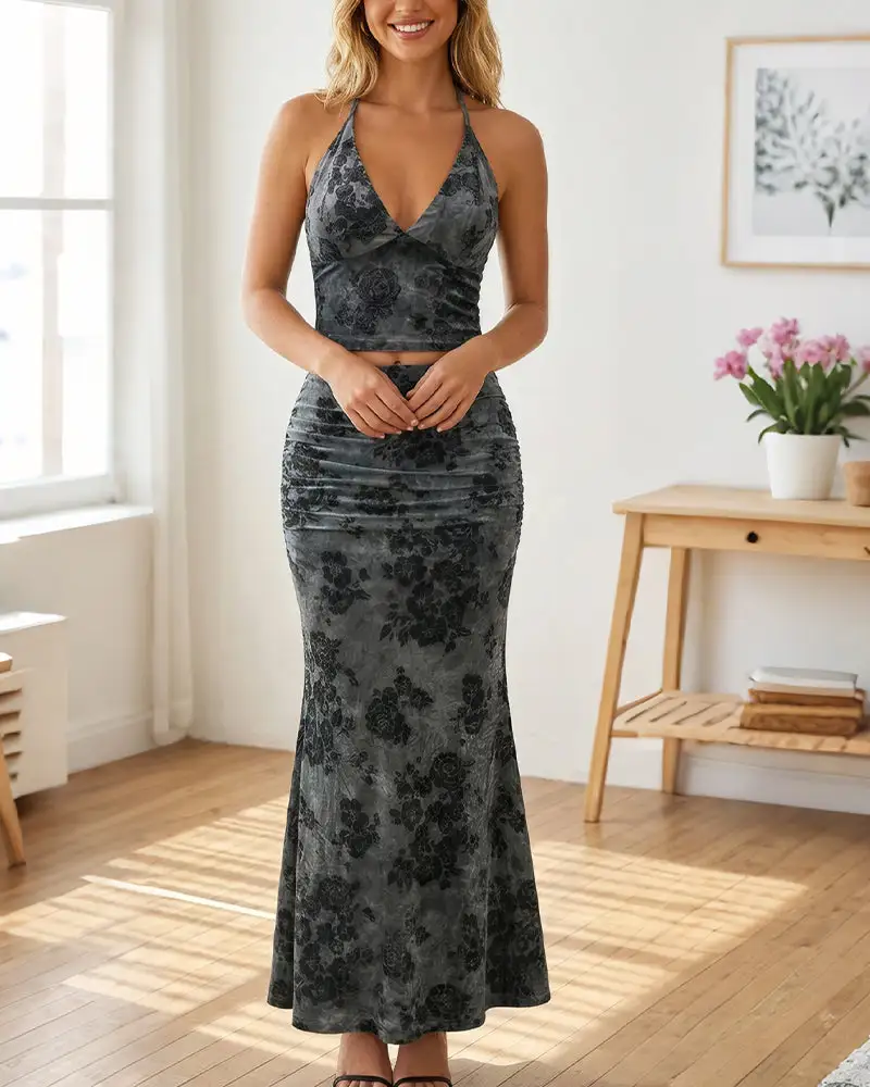 Floral Halter Tie Crop Top and Ruched Midi Skirt Two-Piece Set