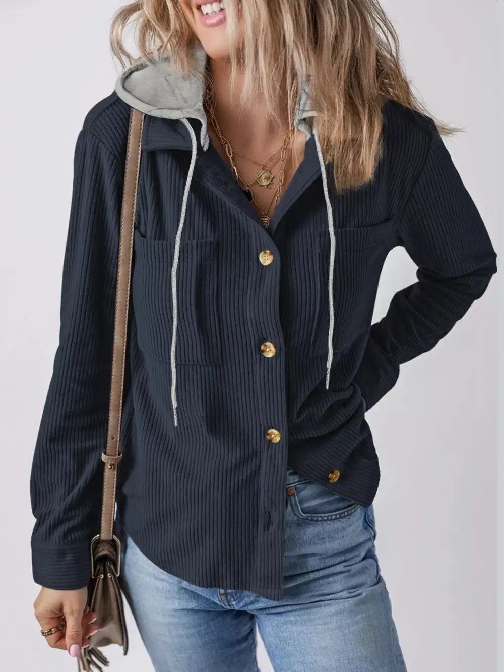 Plus Size Casual Corduroy Button-down Hooded Jacket