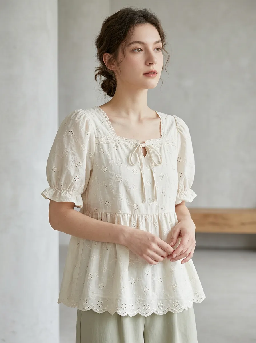 Embroidered Eyelet Square-Neck Peplum Women's Puff-Sleeve Blouse