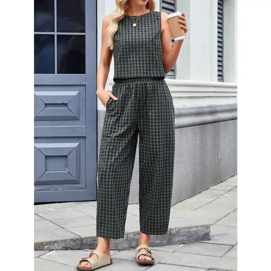 Lovelet Plaid Round Neck Sleeveless Top and Pants Set