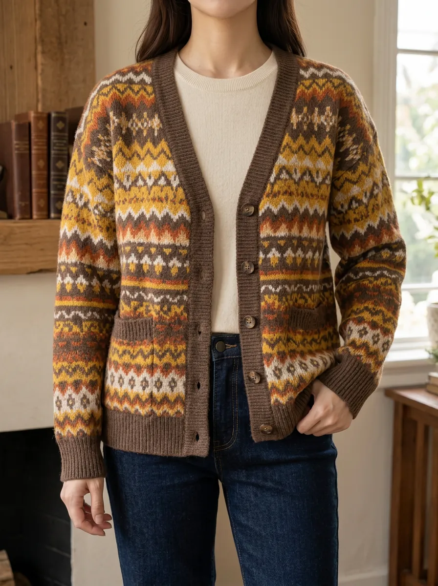 Women's Vintage Boho Autumn Fair Isle Printed Cardigan