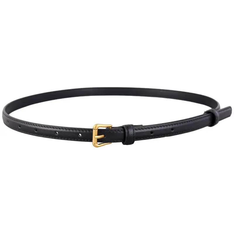 Soft Skinny Leather Belt with Golden Buckle