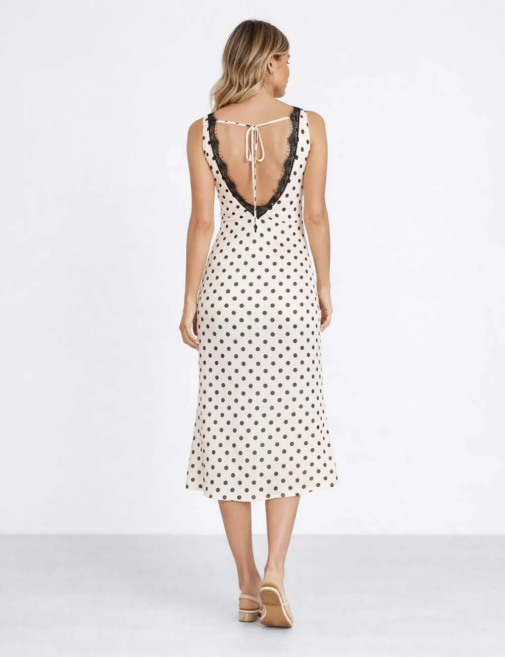 Chic Polka Dot Lace Trim V Neck Sleeveless Midi Dress