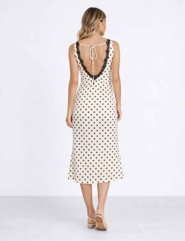 Chic Polka Dot Lace Trim V Neck Sleeveless Midi Dress
