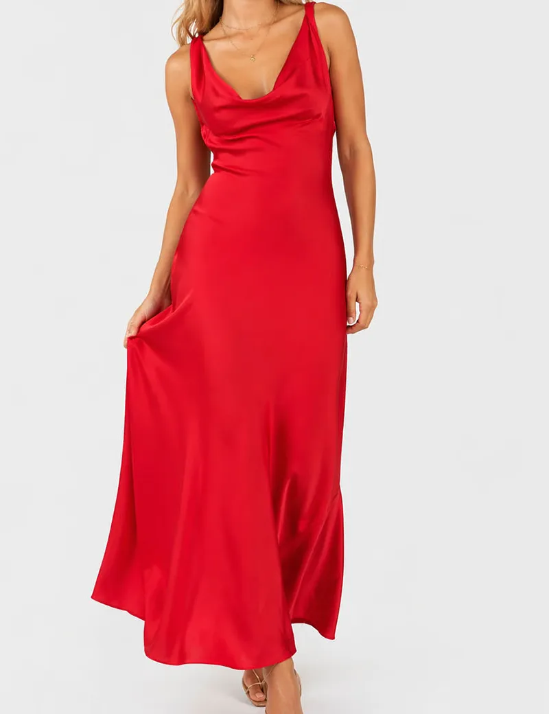 Chic Satin Cowl Neck Sleeveless Back Midi Dress