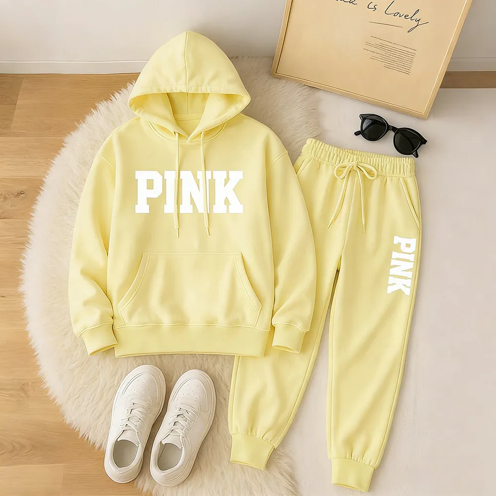 Women's Pink Print Hoodie And Drawstring Track Pants Set