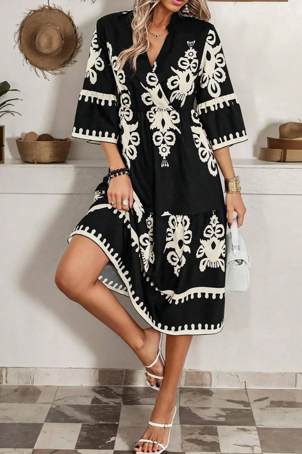 Geometric Print Bracelet Sleeve Midi Dress