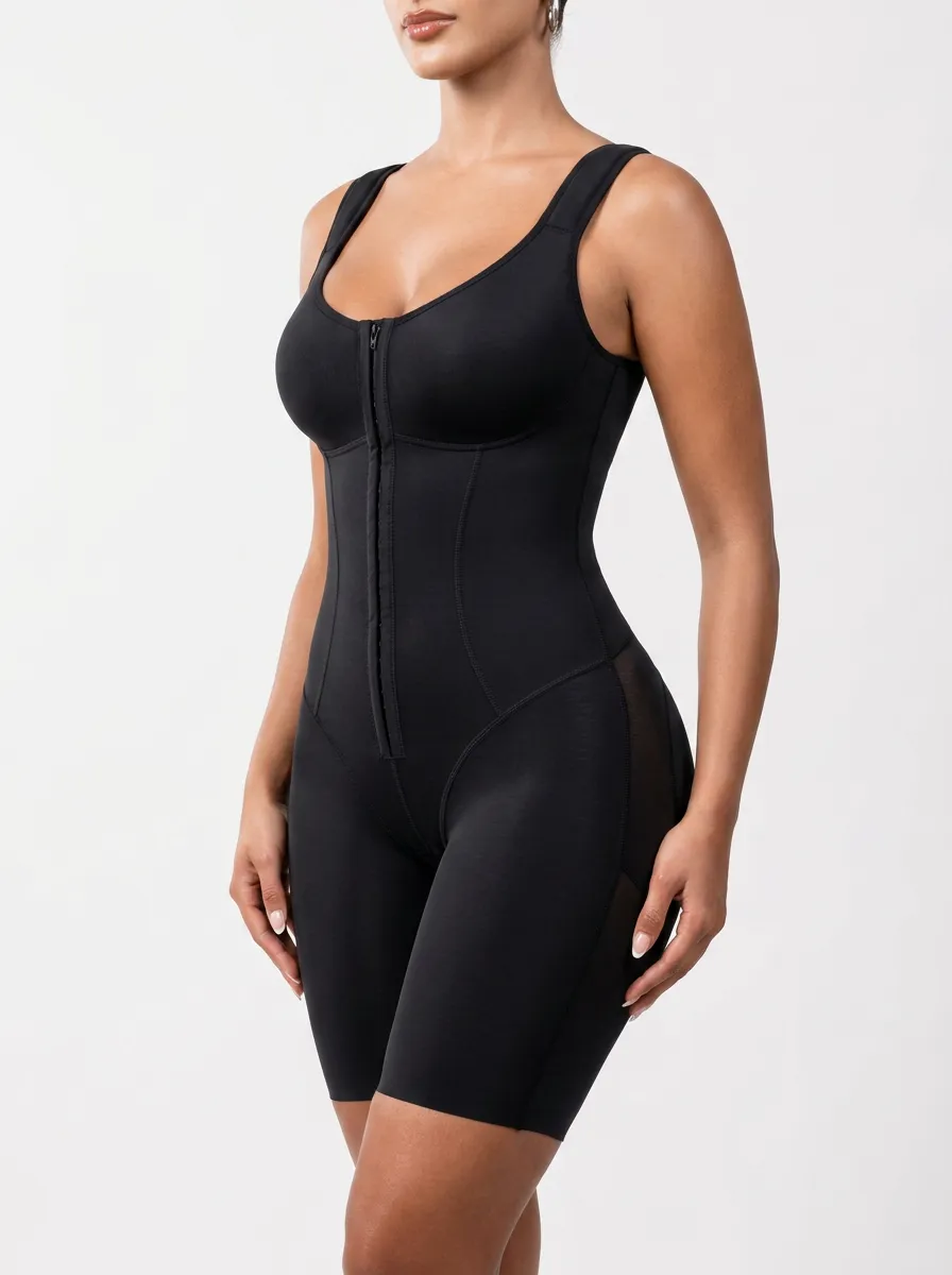 Women's Tummy Control Zipper Front Mesh Panel Shapewear Bodysuit