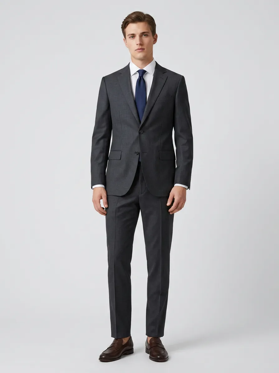 Men's Two Button Formal Business Charcoal Grey Solid Tailored Suit
