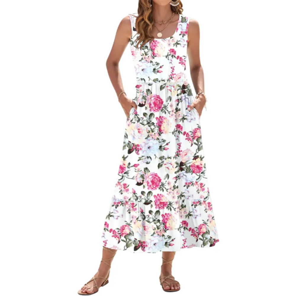 Women's Square Neck Sleeveless Floral Tiered Maxi Dress With Pockets
