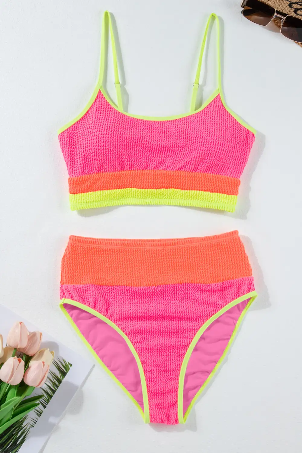 Blocked Pattern High Waisted Bikini Swim Set