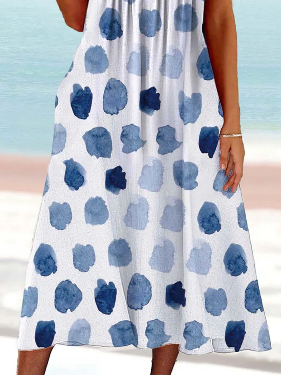 Round Neck Casual Loose Smudge Print Short Sleeve Midi Dress