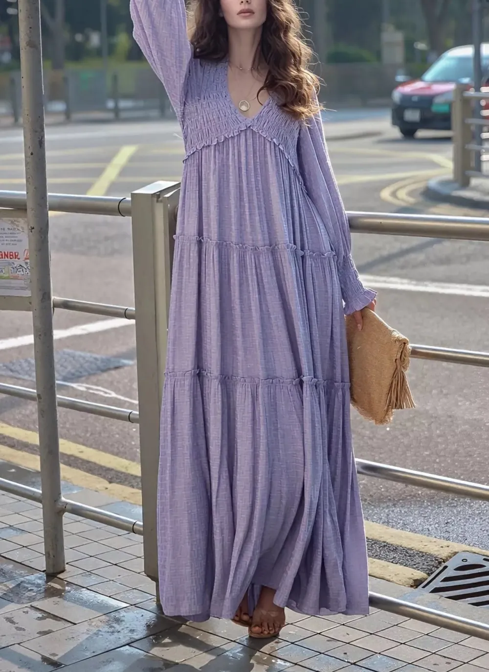 V Neck Tiered Long Sleeve Maxi Dress