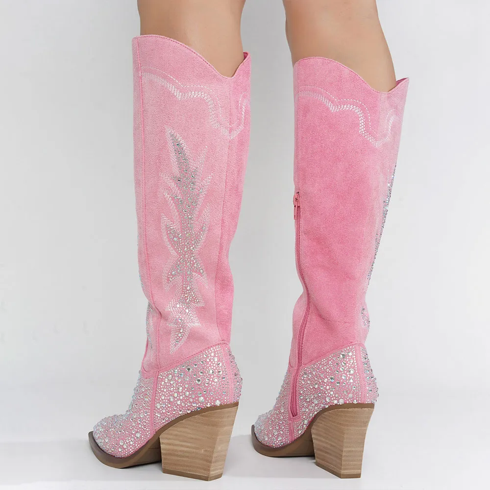 Faux-Suede Embroidered Rhinestone Zip-Up Knee-High Boots