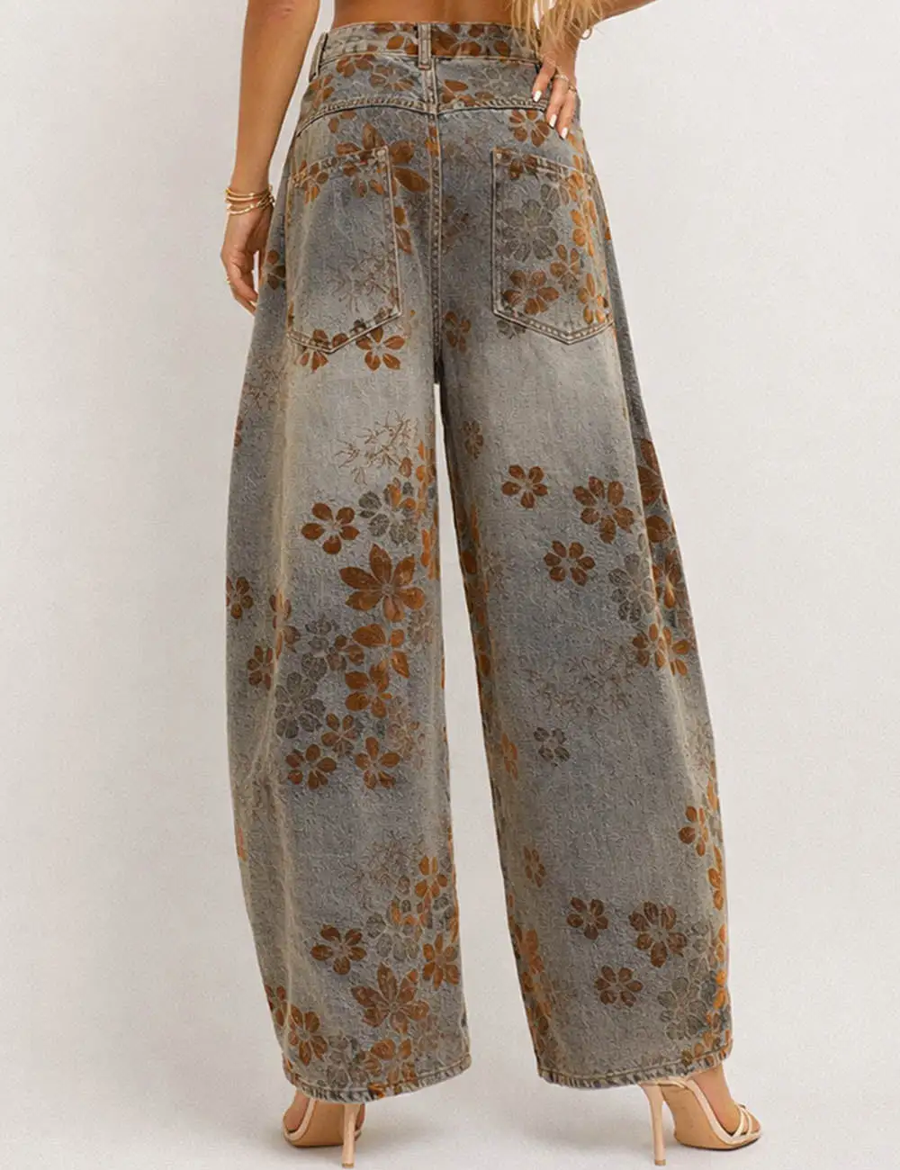 Floral Print Fleece Lined Wide Leg Barrel Denim Pants