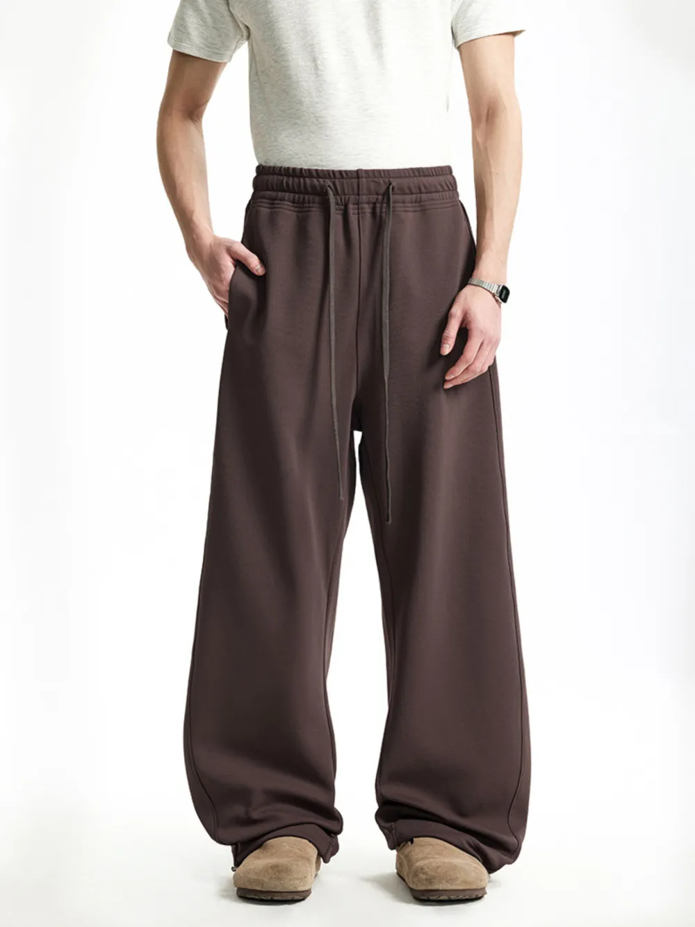 Curved-Leg Relaxed-Fit Drawstring Casual Pants