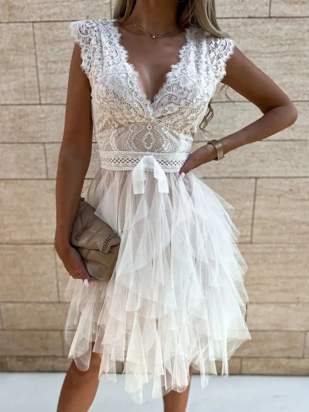 V-Neck Ruffled Lace Trim Midi Dress